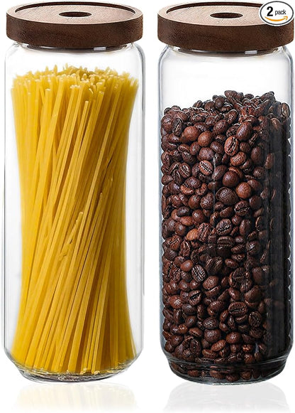 Glass Jars with Airtight Wood Lids - 57 oz Large Kitchen and Pantry Storage Containers, Canisters for Spaghetti, Noodles, Pasta, Ground Coffee, Sugar, Cereal, Set of 2