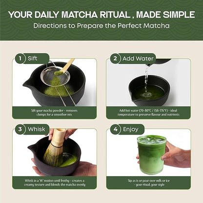 Luxury Matcha Set – 5 Piece Ceremonial Tea Kit with Matte Black Bowl, Bamboo Whisk, Holder, Sifter & Scoop – Premium Gift for Matcha Lovers at Home or Café
