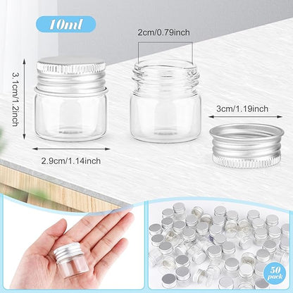 50 Pack,10ml Clear Glass Essential Oil Bottle,Empty Travel Glass Liquid Sample Vial Decorations Preservation Storage Vials Test Jars Container -1.18" W x 1.18" H