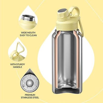 IDEUS Insulated Stainless Steel Water Bottle with 2 Leak-Proof Lids, Thermal Water Flask for Hiking Biking, 32oz, Light Yellow