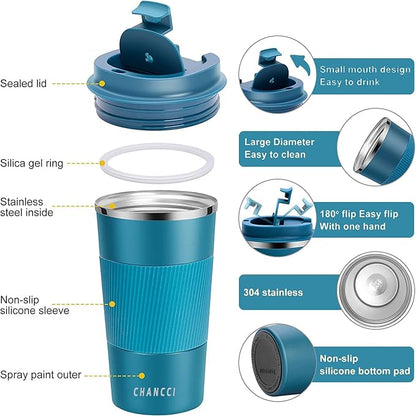 16oz Travel Coffee Mug Spill Proof, Insulated Coffee Mug with Lid, Leakproof Coffee Tumbler,Stainless Steel Vacuum Coffee Cup for Hot/Cold Drinks, Reusable Coffee Cup for Men Women -510ml,Blue