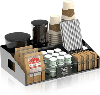 Metal Coffee Station Organizer for Countertop - Coffee Bar Organizer with Designable DIY Logo, K Cup Pods Holder & Tea Condiment Storage - Rustic Breakroom Kitchen Decor in Balck