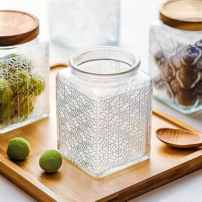 Snminetal Vintage Glass Airtight Storage Jar Set of 4, With Airtight Wood Lid, Kitchen Food Storage Containers,for Kitchen Counter, Pantry, Tea, Sugar,Coffee,Food Storage Jar(Plum pattern)
