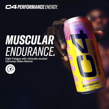 Cellucor C4 Performance Energy Drink | Strawberry Blast | Zero Sugar Carbonated Preworkout Energy | 200mg Caffeine with Beta Alanine | 16 Fl Oz (12 Pack)