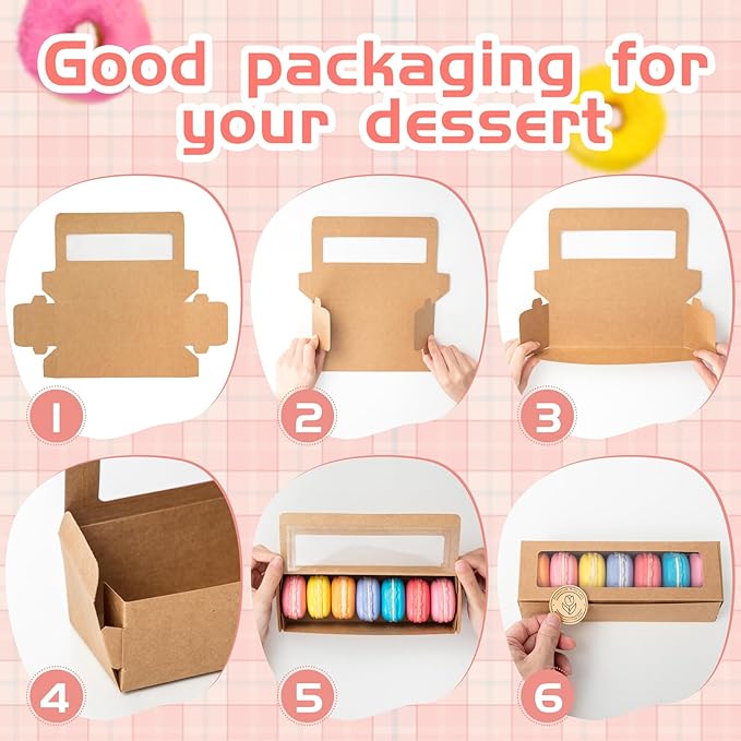Sherr 100 Pcs Brown Macaron Boxes with Window, Cookies Boxes with 200 Pcs Stickers Long Bakery & Dessert Gifts Containers for Donuts, Pastry, Chocolate Covered Strawberry