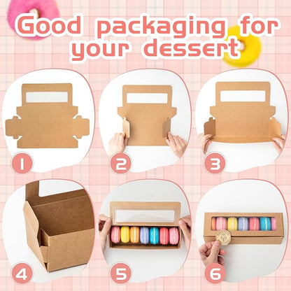 Sherr 100 Pcs Brown Macaron Boxes with Window, Cookies Boxes with 200 Pcs Stickers Long Bakery & Dessert Gifts Containers for Donuts, Pastry, Chocolate Covered Strawberry