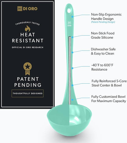 DI ORO Silicone Ladle – Soup Ladle for Cooking & Serving Heat-Resistant - Large Kitchen Soup Ladle Nonstick Cookware Safe - Soup Serving Spoon with Wide Bowl - Silicone Utensil Dishwasher Safe (Mint)