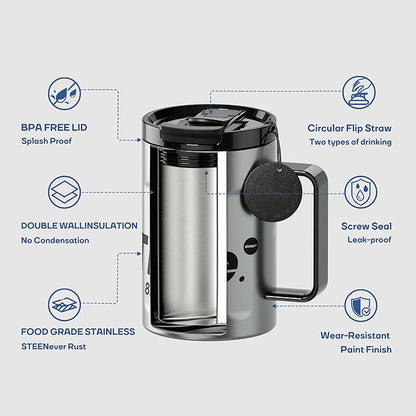 Sidagar+ 18 OZ z Stainless Steel Insulated Coffee Mug with Handle and Lid, Double Wall Vacuum Travel Mug, Tumbler Cup with Sliding Lid, Resuable Insulated Coffee Tumbler, Silver