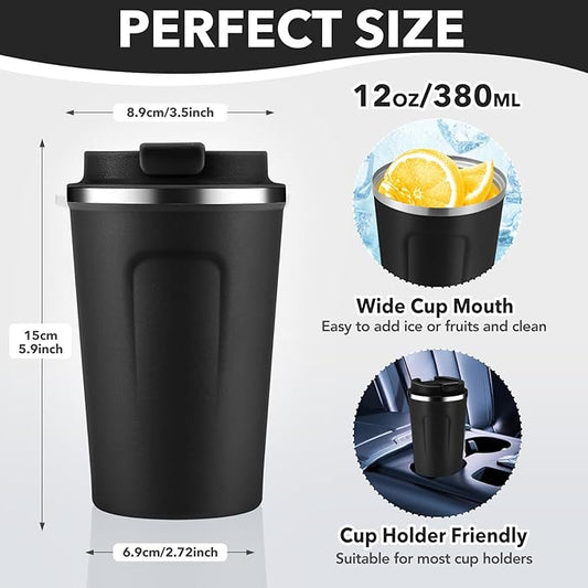 Volhoply 12 oz Double Wall Insulated Vacuum Travel Coffee Mugs with Flip Lid Bulk 2 Pack,Reusable Stainless Steel Leak Proof Coffee Cup,Portable Thermal Tumbler for Cold & Hot Drinks(Assorted,2 Set)
