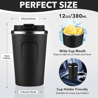 Volhoply 12 oz Double Wall Insulated Vacuum Travel Coffee Mug with Flip Lid Bulk 4 Pack,Reusable Stainless Steel Leak Proof Coffee Cups,Portable Cafe Thermal Tumbler for Hot & Cold Drinks(Black,4 Set)