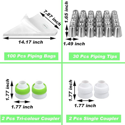 Suuker Russian Piping Tips, 134 Pieces Piping Bags and Tips Set, Frosting Piping Kit with 30 Large Piping Tips, 100 Icing Bags and Tips Set, Cake Decorating Kit