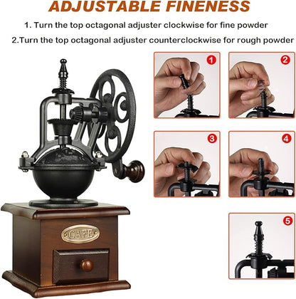 Burr Coffee Grinder, Vintage Style Wooden Hand Grinder, Classic French Press Coffee Mill With Brush