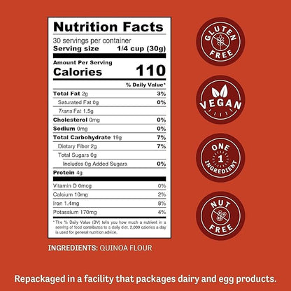 Judee's Quinoa Flour 2 lb - Made In USA, Non-GMO, Vegan - Great for Making Pancakes, Muffins, Pie Crusts, Quiches, and Breads - Made in a Dedicated Gluten-Free Facility