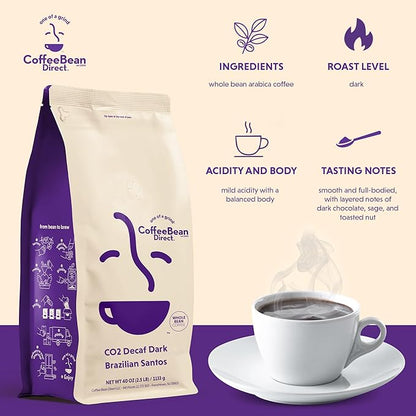 Coffee Bean Direct CO2 Decaf Dark Brazilian Santos, Whole Bean Coffee, Dark Roast, 2.5 Pound Bag (Pack of 1)