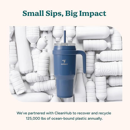 REDUCE Cold1 40 oz Tumbler with Handle - Vacuum Insulated Stainless Steel Water Bottle for Home, Office or Car, Reusable Mug with Straw or Leakproof Flip Lid, Keeps Drinks Cold All Day- Oahu Blue
