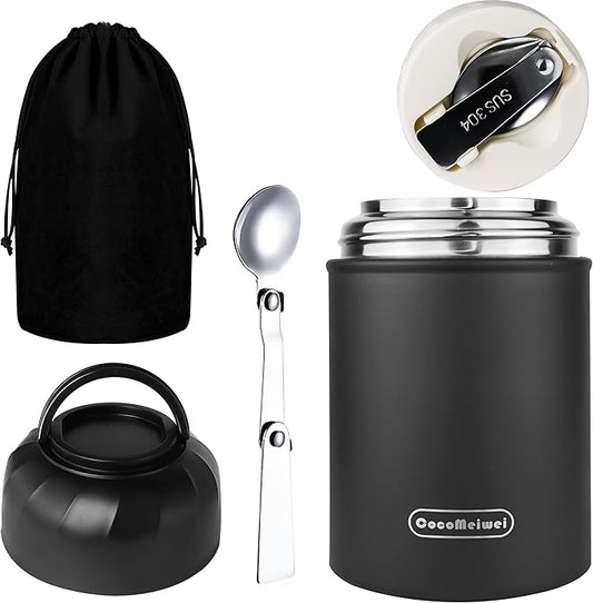 Thermo for Hot Food & Drinks, Thermo Lunch Box, 17oz Vacuum Insulated Food Container with Spoon&Drawstring Bag, Soup Thermo for Adults, Black