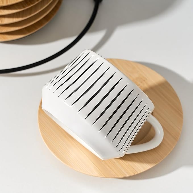 LUKA Ceramic Coffee Espresso Cups with Saucers Set with Metal Holder, 4 oz Porcelain Demitasse Cups For Espresso, Latte, Coffee, Cafe Mocha, Tea, Set of 6, Stripe White & Black