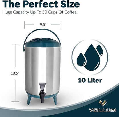 Stainless Steel Insulated Beverage Dispenser – Insulated Thermal Hot and Cold Coffee Carafe – 10 Liter Drink Dispenser with Spigot for Hot Water, Tea & Coffee, Cold Milk, Juice & More Teal
