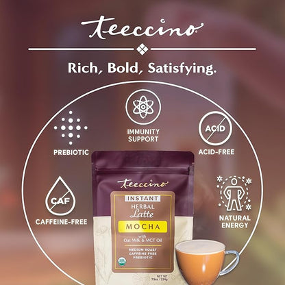 Teeccino Organic Instant Mocha Herbal Latte – 14 Servings – Creamy Oat & Coconut Latte Plus MCT Oil with Chocolaty Cacao & Dates Accenting Roasted Chicory – Prebiotic, Caffeine-Free – 7.9 ounces 