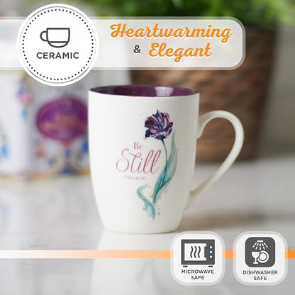 Christian Art Gifts Encouraging Scripture Ceramic Coffee & Tea Mug for Women: Be Still & Know Inspirational Psalm Bible Verse, Microwave & Dishwasher Safe, Novelty Cup, White & Purple Floral, 12 oz.