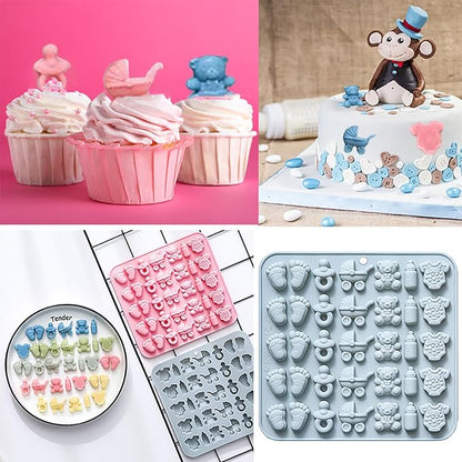 Baby Chocolate Mold Set Silicone Baking Molds with Footprint, Stroller, Reusable for Newborn Cakes, Diaper Party Treats Baby Favors - 2 Pack