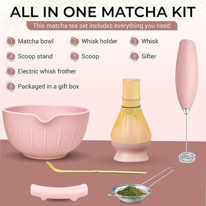 Matcha Whisk Set with Matcha Bowl - Matcha Set Included Electric Frother, Bamboo Whisk, Matcha Spoon, Bamboo Holder, Sifter, Spoon Stand (Simple Pink)