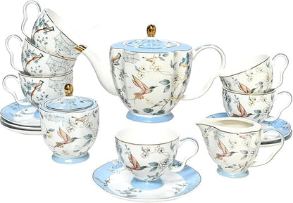 Bone China Tea Set, Porcelain Tea Sets for Adults, Blue and White Bone China Tea Cup Set for 6, Vintage Tea Sets for Women Tea Party