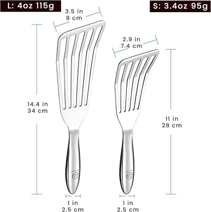 Stainless Steel Fish Spatula Set – 1 Large Fish Turner + 1 Small Metal Spatula, Ultra Thin Edge for Easy Turning & Flipping, Metal Kitchen Untensils with Ergonomic Non-Slip Handle, Dishwasher Safe