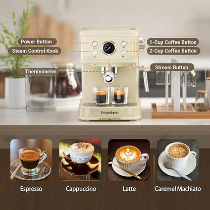 White Espresso Machine with Milk Frother, Cappuccino Machines for Home, Coffee Espresso Machine Suitable for Coffee Powder/NS Original Capsules, Espresso Maker with Thermometer
