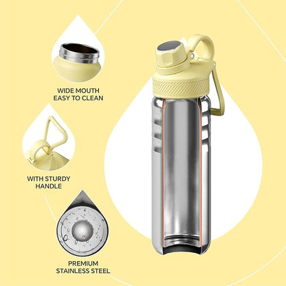 IDEUS Insulated Stainless Steel Water Bottle with 2 Leak-Proof Lids, Thermal Water Flask for Hiking Biking, 24oz, Light Yellow