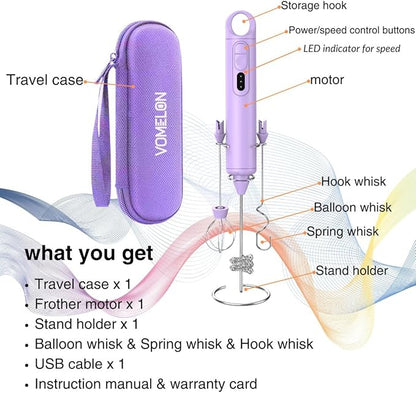 Rechargeable Milk Frother Handheld 3 Speed Coffee Foamer [3 Whisk] Electric Drink Mixer for Latte, Cappuccino, Coffee, Eggs, Hot Chocolate, Purple