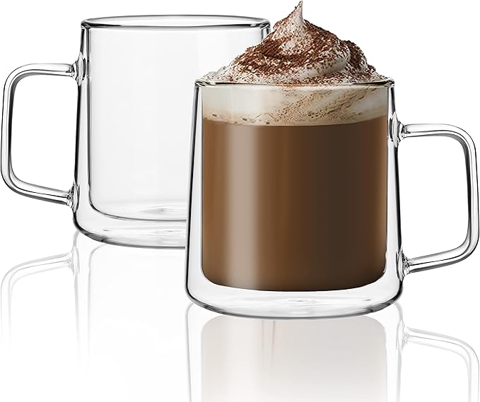 CNGLASS 15.2oz Glass Coffee Mugs,Double Wall Insulated Glass Mugs with Handle,Clear Espresso Mugs for Latte,Cappuccino,Tea Bag,Set of 2