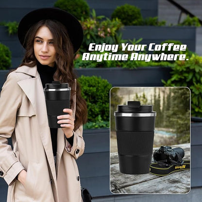 Vacuum-Insulated Stainless Steel Travel Coffee Mug, Leak-Proof Reusable Coffee Cup with Lid - Keep Hot & Cold Drinks for Hours, Durable Thermos Tumbler for Men & Women (3rd-Black, 17OZ)