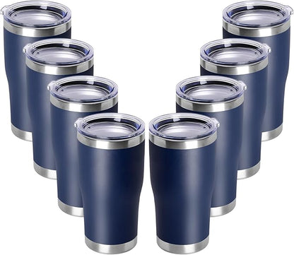 DOMICARE 20oz Tumbler with Lid Stainless Steel Tumblers Bulk, Double Wall Vacuum Insulated Coffee Travel Mug Powder Coated Tumbler, 8 Pack Navy