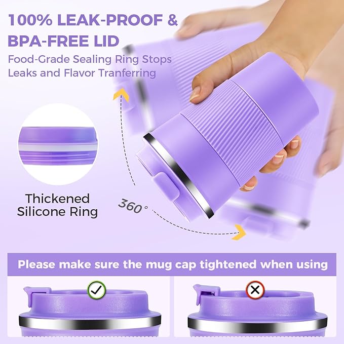 Volhoply 13 oz Stainless Steel Insulated Travel Coffee Mug with Fip Lid Bulk 4 Pack,Reusable Double Wall Vacuum Metal Coffee Cup,Portable Leak Proof Thermal Tumbler for Hot & Cold Drinks(Purple,4)