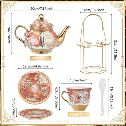 Zhehao 20 Pcs Porcelain Tea Set with Metal Holder and Spoon Adult Ceramic Tea Party Set European Flower Painting Teapot Cup Saucer Spoon Set for Women, Large Version(Noble Style)