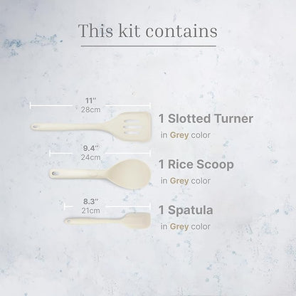 Silicone Utensils 3-Piece Set – Rubber Spatula, Slotted Turner, and Rice Paddle – Complete Heat-Resistant Set for Non-Stick Cookware – Kitchen Tools and Accessories for Cooking & Baking – Cream
