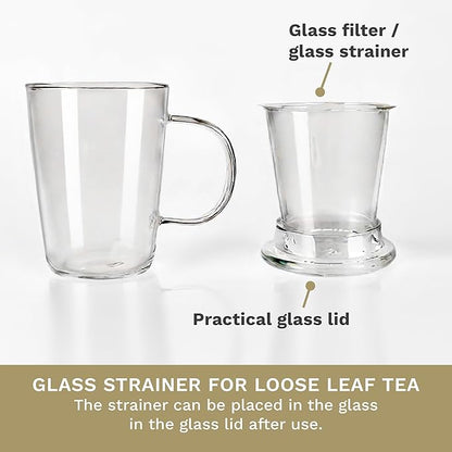 Creano Tea Glass 400 ml – Large Tea Cup with Strainer and Glass Lid – An ideal Tea Maker