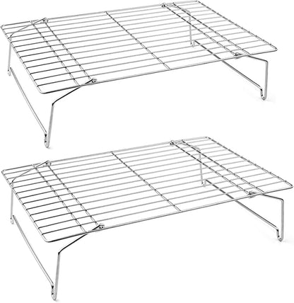 P&P CHEF Cooling Rack Set of 2, 2-Tier Stackable Stainless Steel Wire Racks for Baking Cooking Cooling Roasting, Collapsible & Heavy Duty, Oven Safe & Easy Clean, 15" x 10", Silver