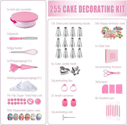Cake Decorating Supplies Kit Tools 255pcs, Cake Decorating Set with Cake Turntable, 12 Numbered Icing Piping Tips, Cookie Cutters, Icing Smoother & Other Accessories for Cake Decoration (255 PCS)