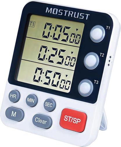 Digital Dual Kitchen Timer, 3 Channels Count Down/Up Triple Timer for Cooking, Magnetic Memory-Preset Large Display Adjustable Alarm Volume, Multi Times Management, 3A Battery Included, White