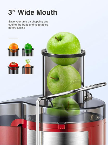 Juicer Machine, 800W Centrifugal Juicer Extractor with Wide Mouth 3” Feed Chute for Fruit Vegetable, Easy to Clean, Stainless Steel, BPA-free (Red)