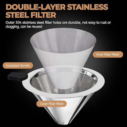 Pour Over Coffee Maker 600ml with 304 Stainless Steel Filter and Wooden Collar Holder Borosilicate Glass Drip Coffeemaker Server Set Clear Hand Brew Dripper Carafe for Home Camping Travel 20.3oz