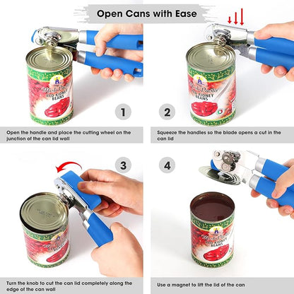 Beneno Can Opener Manual with Magnet, Hand Held Heavy Duty Can Opener with Durable Sharp Blade Smooth Edge, Big Effort-Saving Knob, Soft Grip Rubber Handle, Multifunctional Bottle Opener, Klein Blue