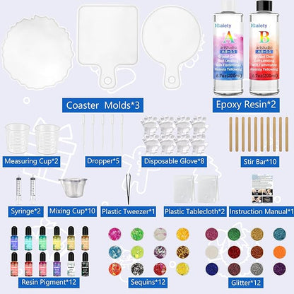 IGaiety Resin Coaster Molds Silicone Kit Cutting Serving Board Mold 82 Pcs Geode Tray Molds with Pigments for Starter Beginners Bundle Epoxy Resin Coasters Casting Kit Cup Mats Home Decoration Set