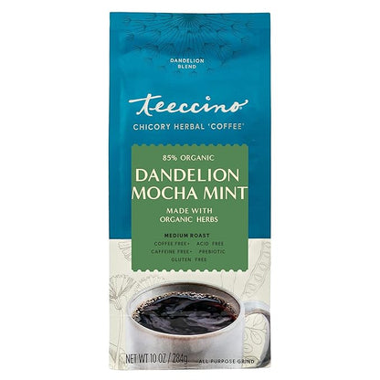 Teeccino Dandelion Mocha Mint Herbal Coffee - Caffeine-Free Coffee Alternative with Prebiotics, Gluten Free, Acid Free - Medium Roast, 10 oz