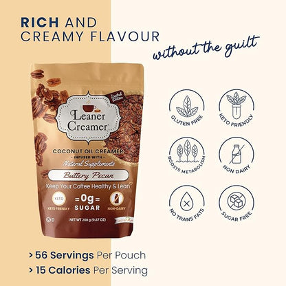 Leaner Creamer Non-Dairy Sugar Free Coffee Creamer Powder. Perfect Coconut Oil Non-Dairy Powder To Naturally Cream and Sweeten Coffee, Smoothies, Protein Shakes & More! Ideal Flavoring For All Diets (Buttery Pecan Pouch (9.87 oz))
