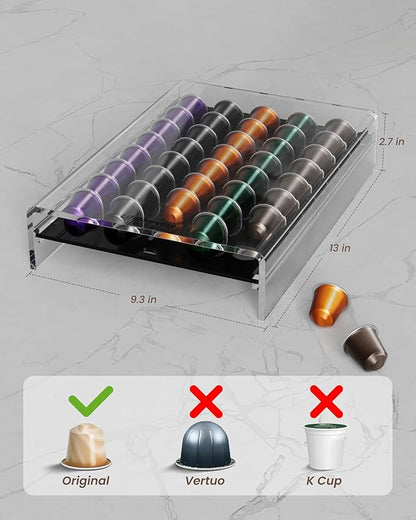 Storage Drawer for Nespresso Original Line， Coffee Pod Holder for Counter Acrylic Coffee Capsule Organizer - 40 Pods