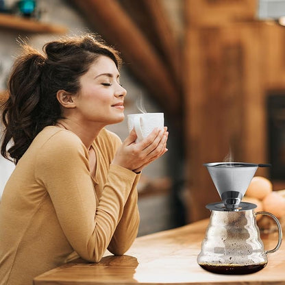 Pour Over Coffee Dripper-Stainless Steel Coffee Filter,Reusable Drip Cone Coffee Filter Portable Pour for 1-4 Cup (With Base, M)