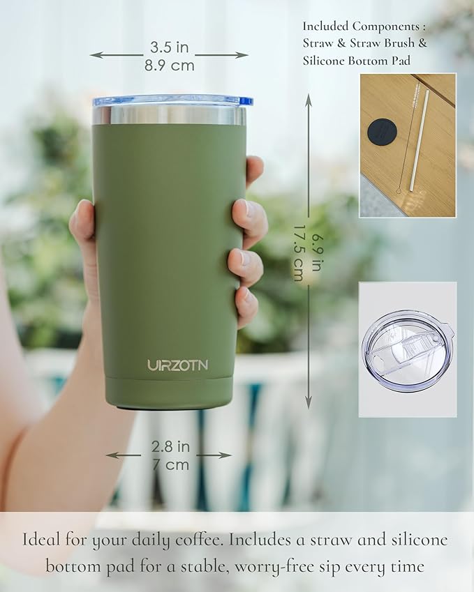 Travel Coffee Tumbler 20oz, Leakproof Travel Coffee Mug with Lid and Straw, Stainless Steel Double Wall Vacuum Insulated Tumbler for Hot/Iced Drinks (Textured Matte, Army Green)